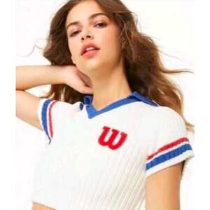 Wilson x Forever 21 Rib-Knitted Embroidered Crop Polo Tennis Top Red White Blue